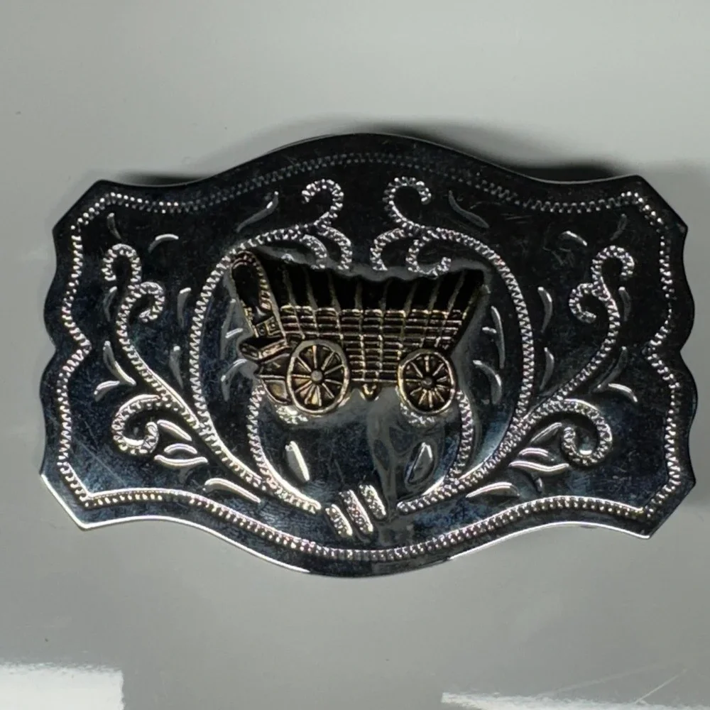Western‎ Covered Wagon Belt Buckle Ornate Silver Tone Western Style